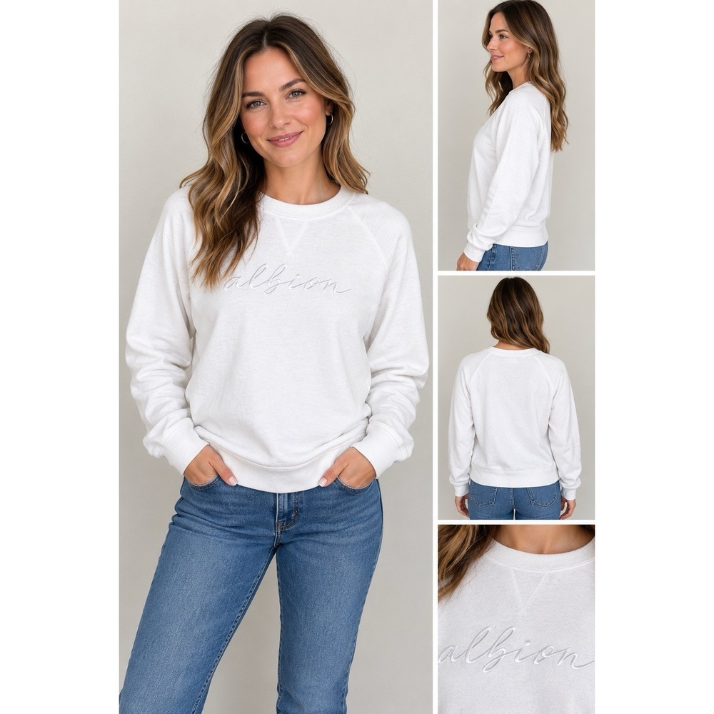 Albion Fit Women White Script Logo Crewneck Sweatshirt Size M Cotton Fleece EUC